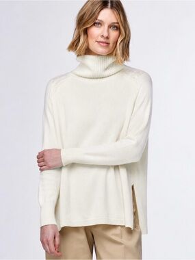 Zaket & Plover Merino Blend Turtleneck Cable Trim Sweater S Cream Classic Career